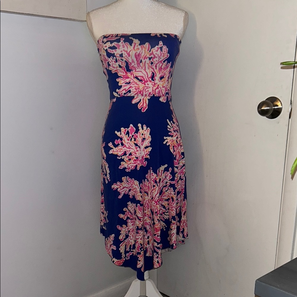 Lilly Pulitzer Strapless Dress in Blue and Pink Coral Print